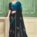  Teal Blue Black Embroidered Silk Saree with Designer Blouse