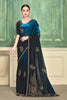  Teal Blue Black Embroidered Silk Saree with Designer Blouse