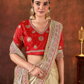 Cream Satin Silk Saree with Heavy Embroidered Border Red Designer Blouse