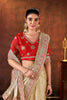Cream Satin Silk Saree with Heavy Embroidered Border Red Designer Blouse