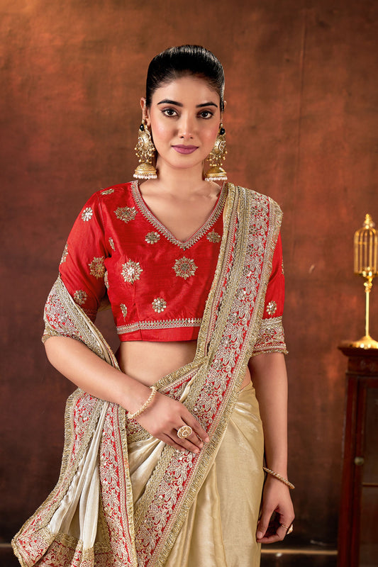 Cream Satin Silk Saree with Heavy Embroidered Border Red Designer Blouse