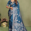 Teal Blue Banarasi Silk Saree Rich Silver Zari Weaving Blouse Piece 