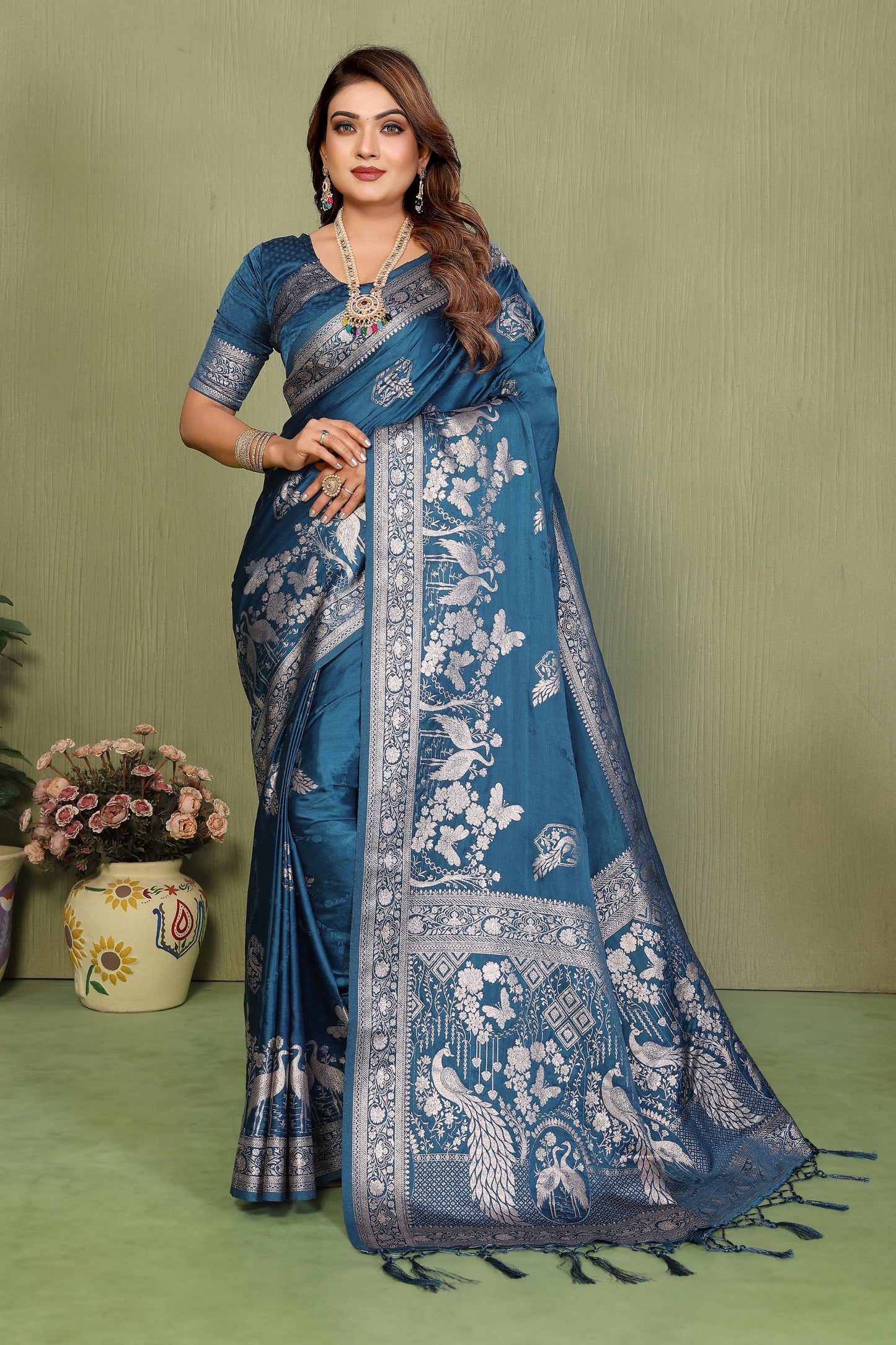 Teal Blue Banarasi Silk Saree Rich Silver Zari Weaving Blouse Piece 