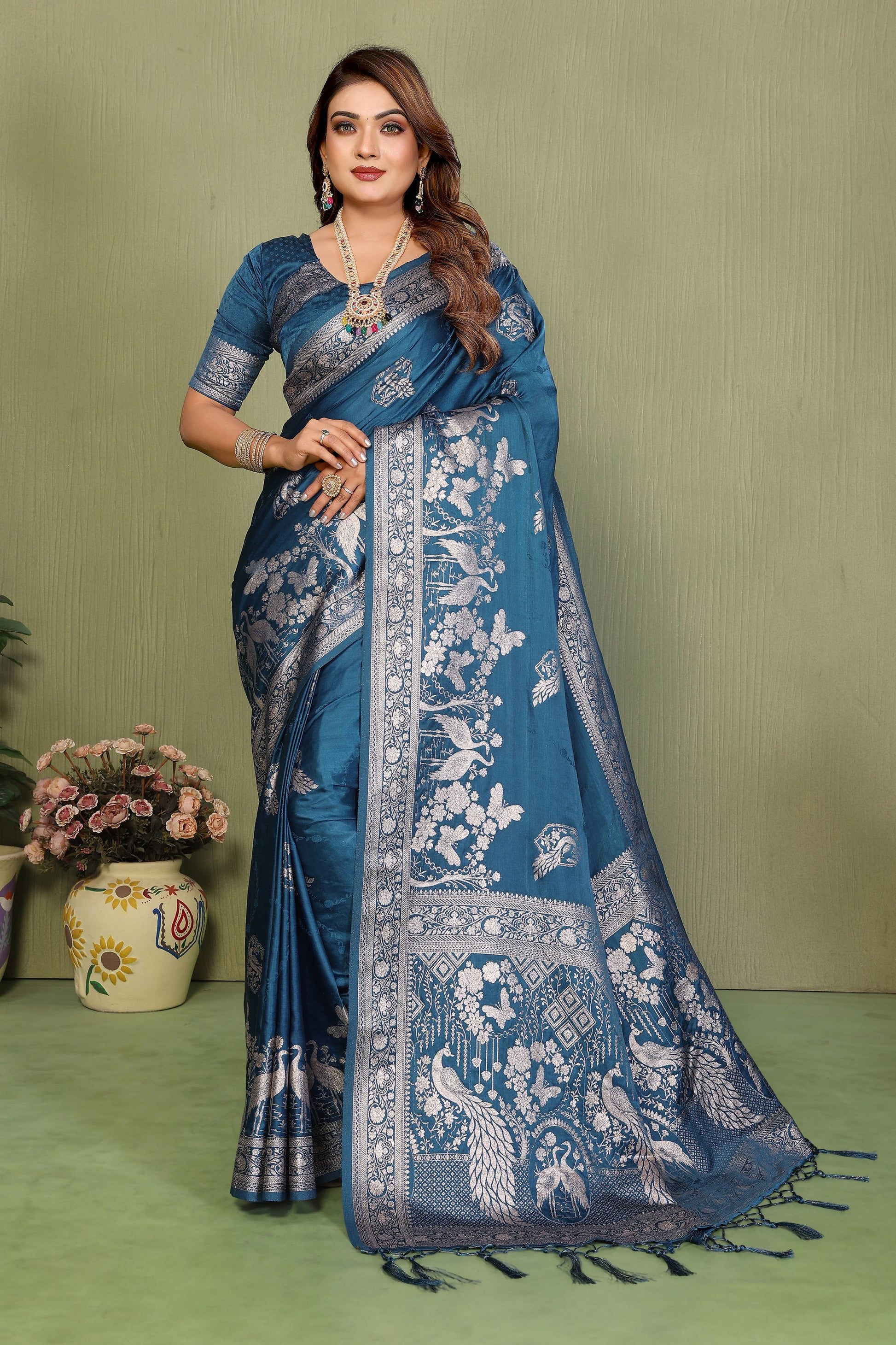 Teal Blue Banarasi Silk Saree Rich Silver Zari Weaving Blouse Piece 