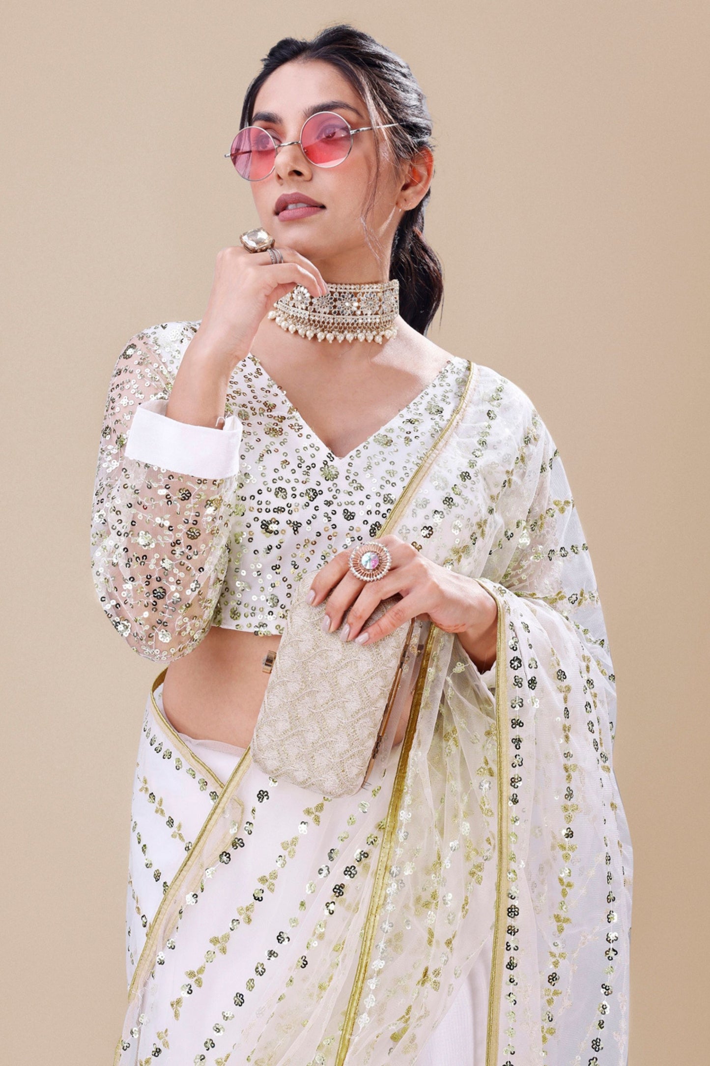 White Net Saree Gold Sequins Embroidery Designer Blouse