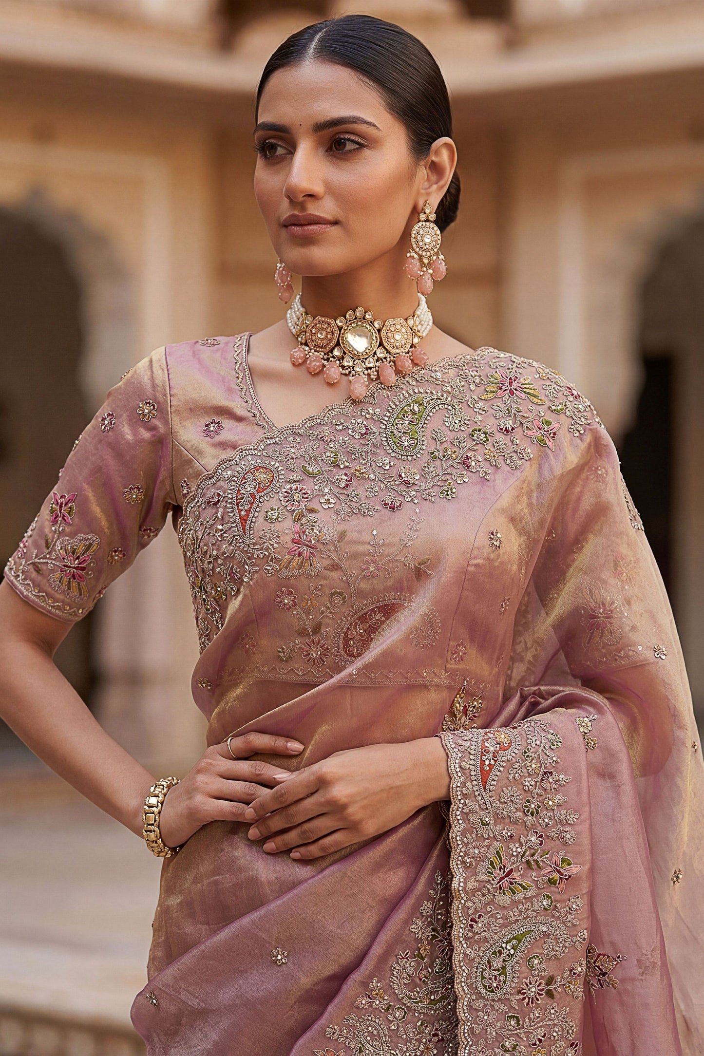 Dusty Pink Organza Silk Saree with Heavy Embroidery Designer Border