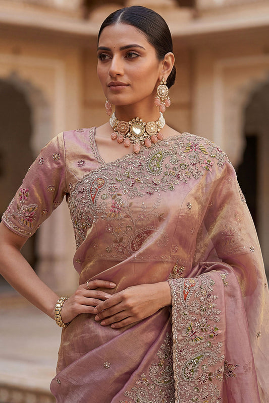 Dusty Pink Organza Silk Saree with Heavy Embroidery Designer Border
