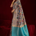 Grey Silk Saree with Multicolor Turquoise Banarasi Pallu