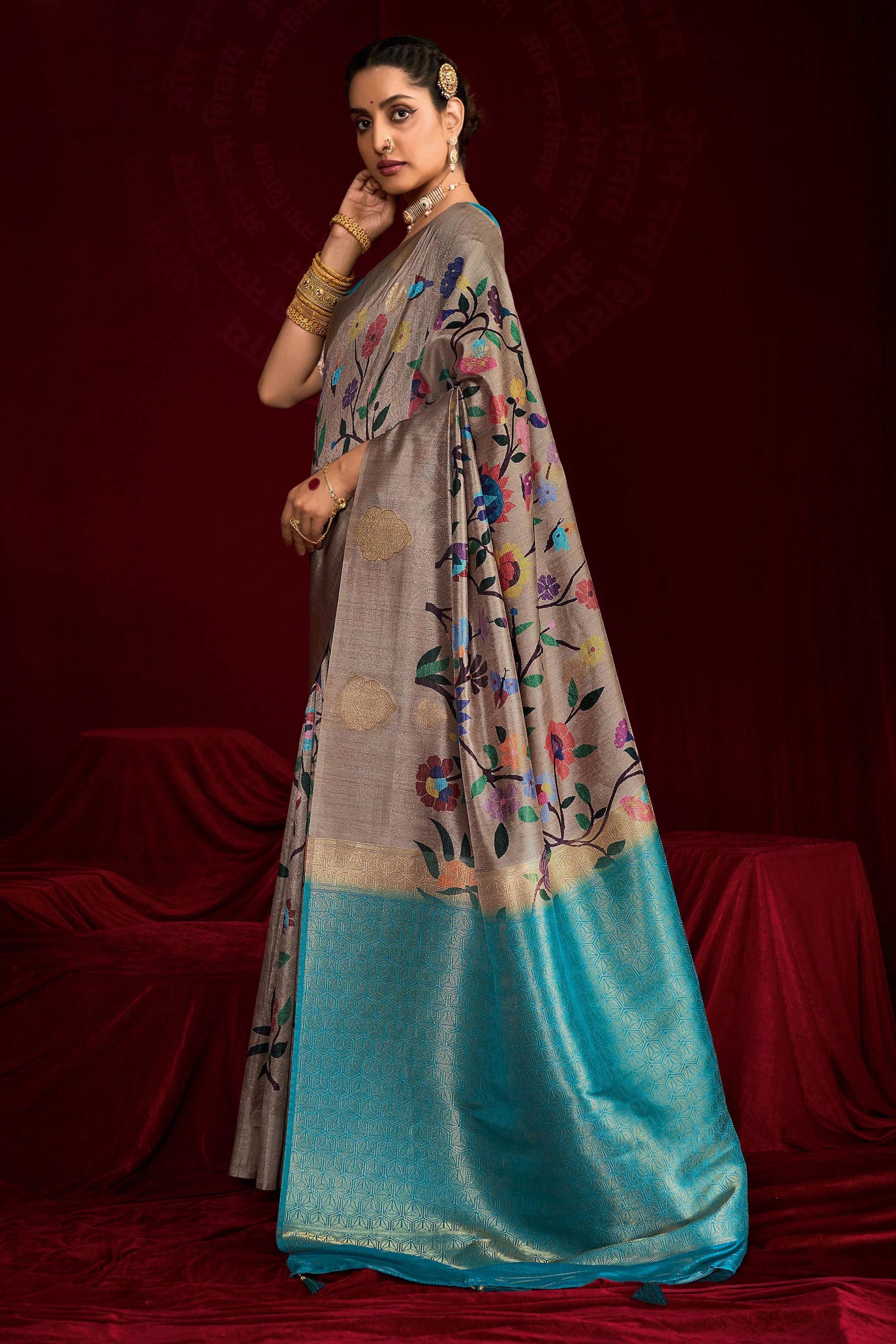 Grey Silk Saree with Multicolor Turquoise Banarasi Pallu