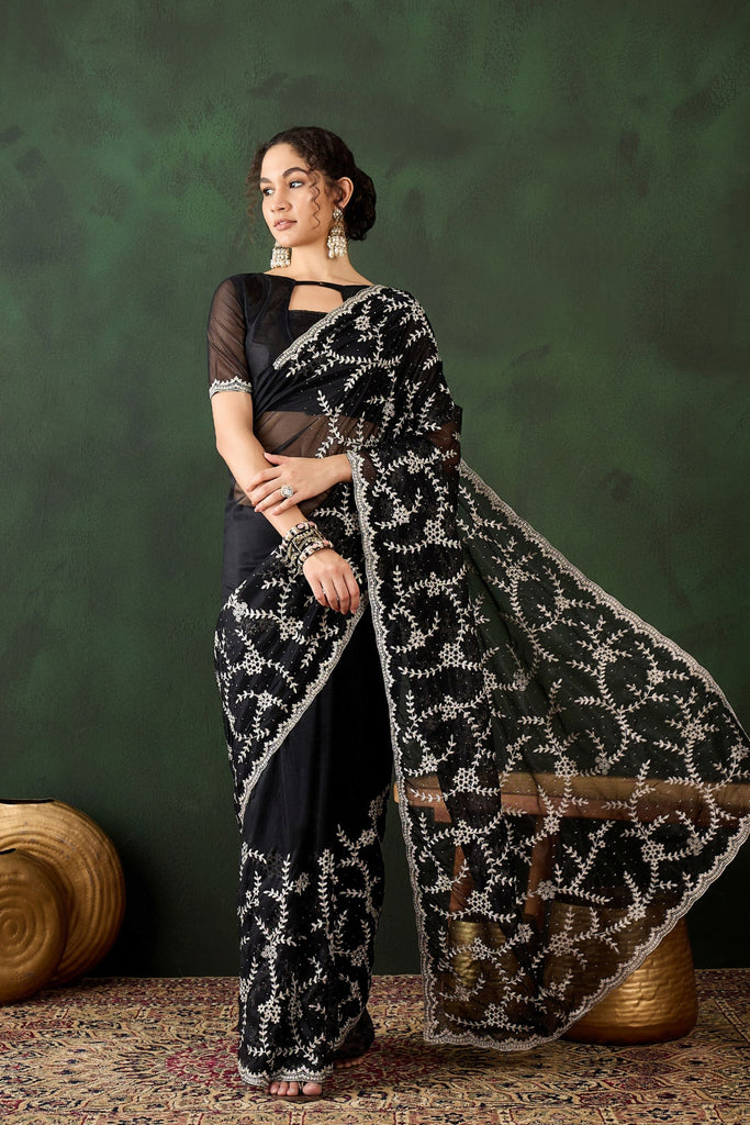 Black Embroidered Net Saree with Designer Border Party Wear Saree