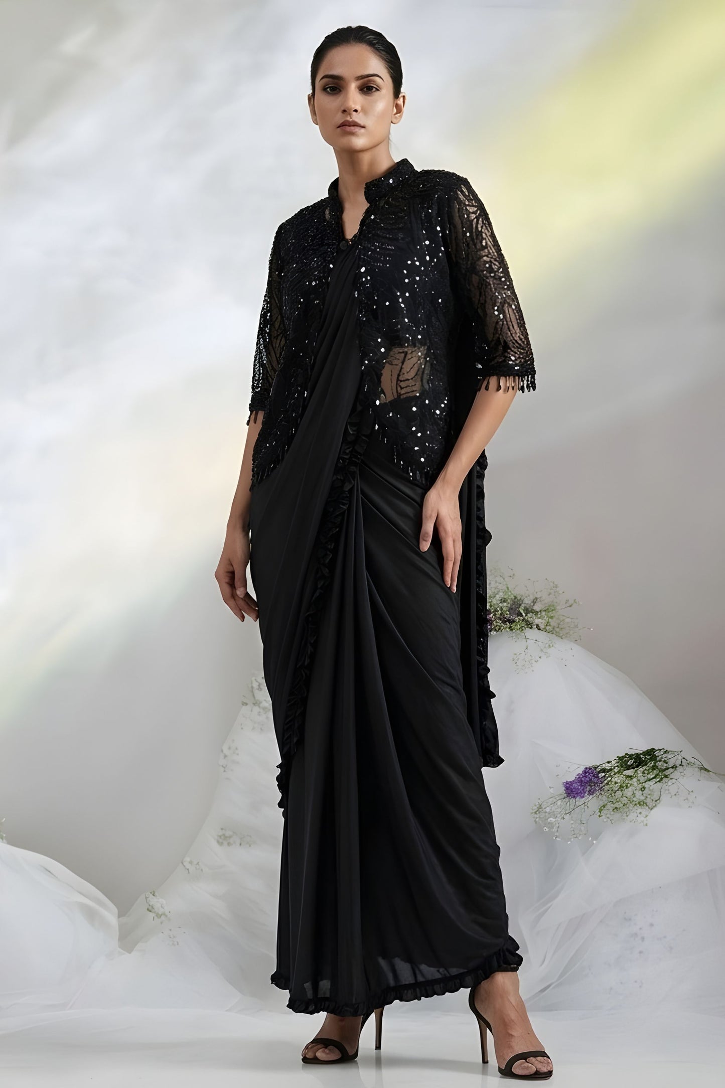 Stylish Black Sequins Ready to Wear Designer Saree with Jacket Style Blouse