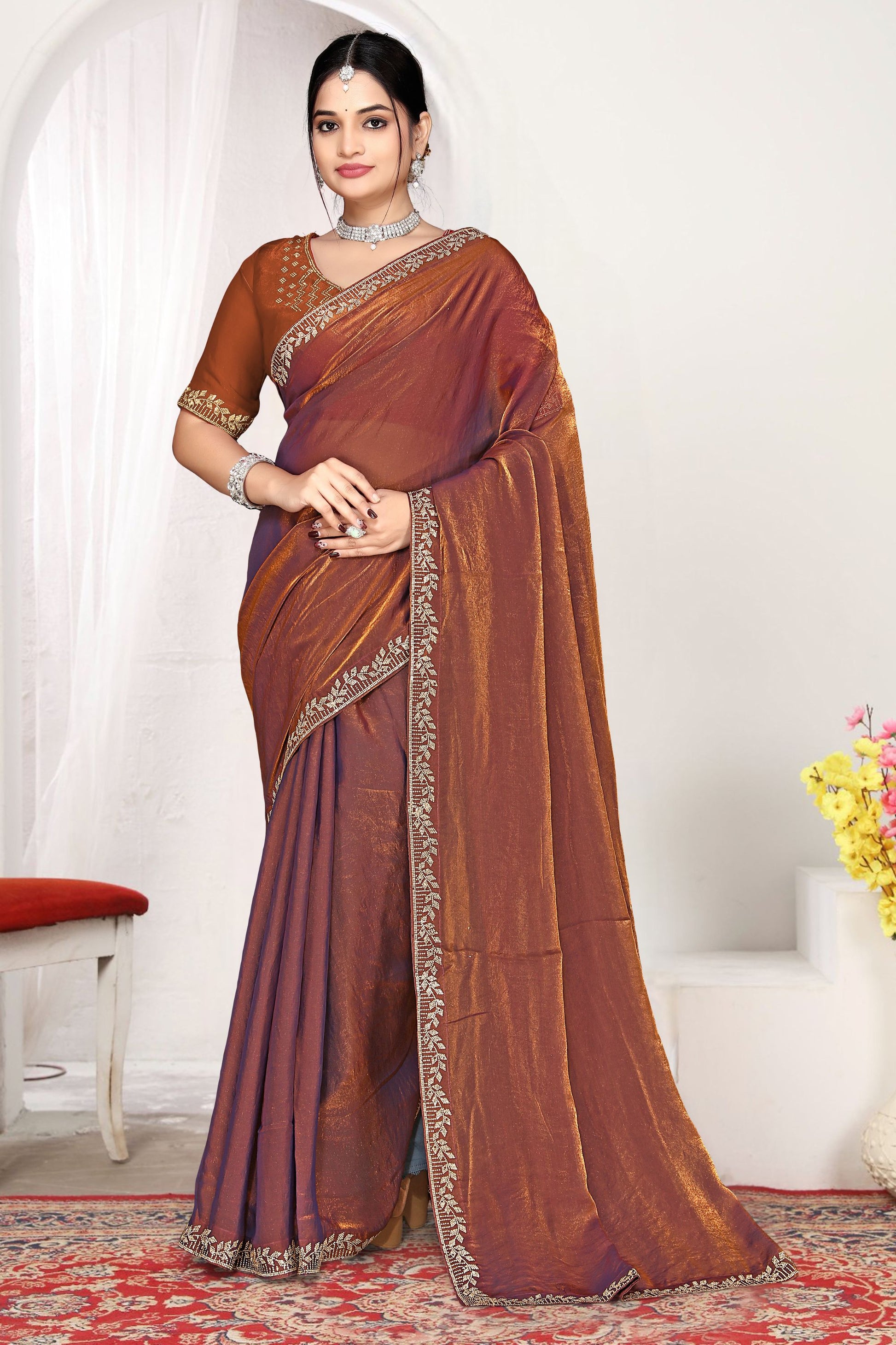  Copper Brown Silk Saree with Rich Golden Zari Border Designer Saree