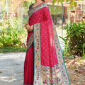  Rani Pink Silk Saree Teal Border Multicolor Peacock Weaving Work