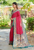  Rani Pink Silk Saree Teal Border Multicolor Peacock Weaving Work
