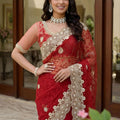Designer Wine Red Net Saree Heavy Pearl Sequins Embroidery Border