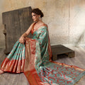 Aqua Blue Banarasi Silk Saree  Red Zari Border and Floral Weaving Saree