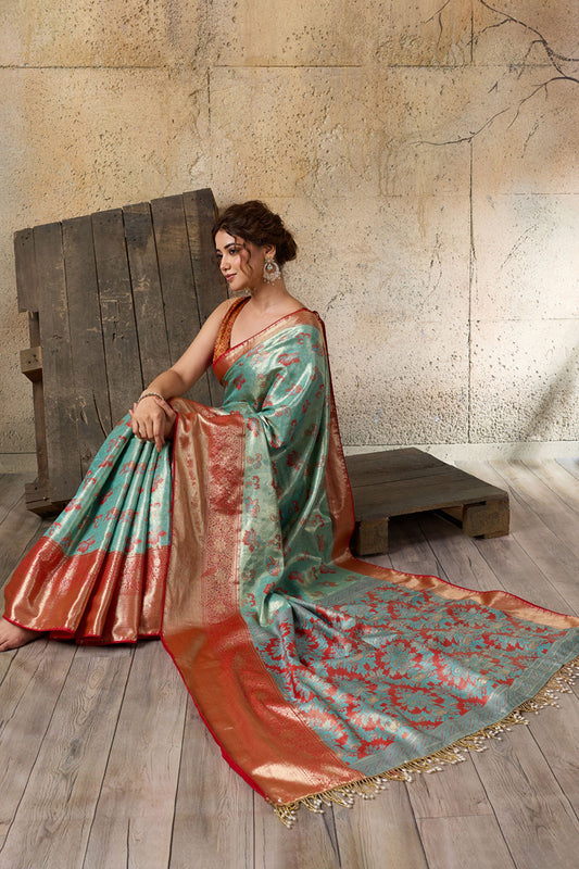 Aqua Blue Banarasi Silk Saree  Red Zari Border and Floral Weaving Saree