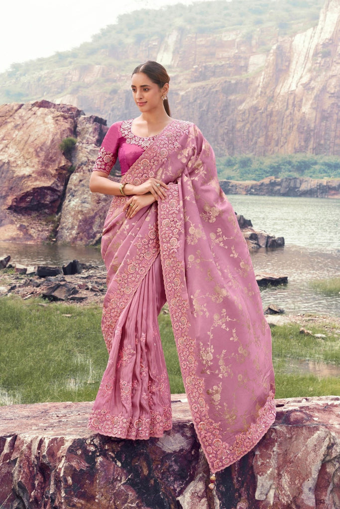 Pink Embroidered Silk Saree with Heavy Border Designer Blouse