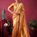 Peach Orange Banarasi Silk Saree Golden Zari Weaving Designer Blouse