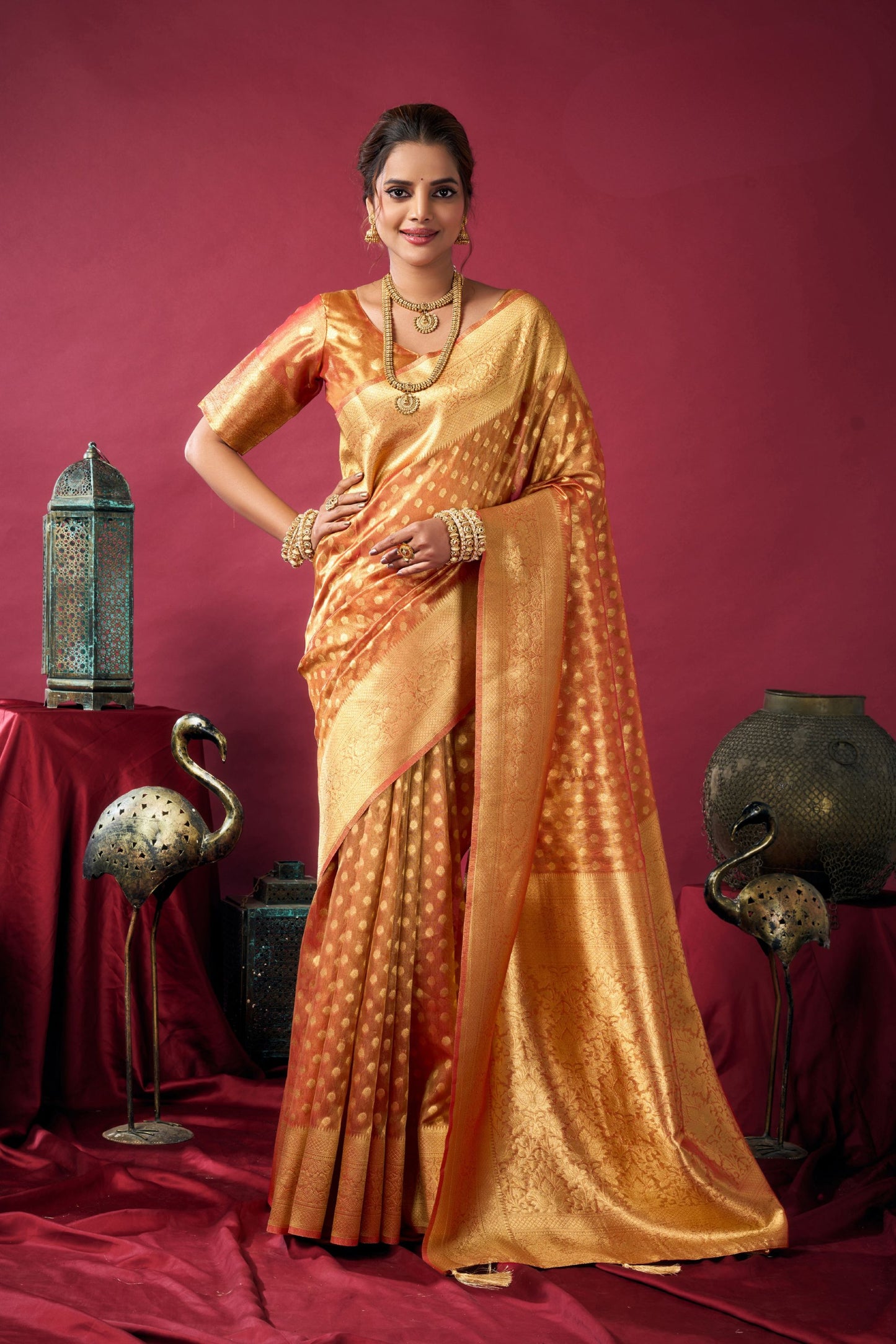 Peach Orange Banarasi Silk Saree Golden Zari Weaving Designer Blouse