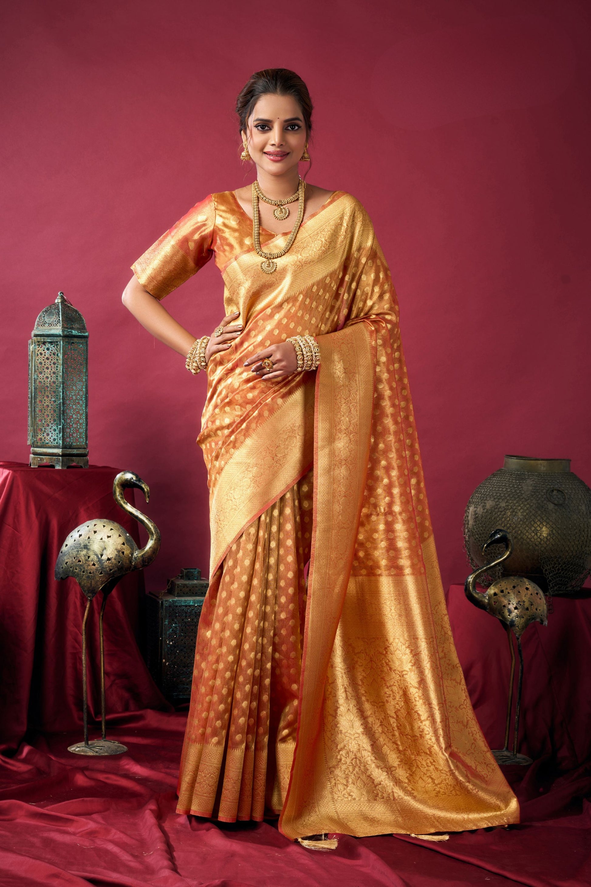 Peach Orange Banarasi Silk Saree Golden Zari Weaving Designer Blouse