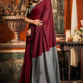 Wine Red and Grey Dual Tone Silk Saree with Minimal Design