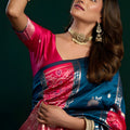 Teal Blue Soft Silk Saree with Pink Contrast Border