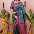 Teal Green Silk Saree Magenta Pink Woven Border Traditional Design