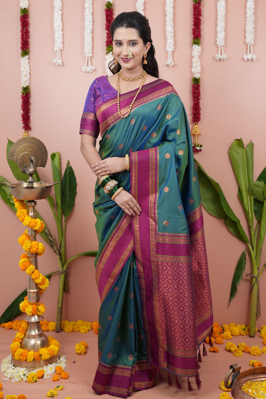 Teal Green Silk Saree Magenta Pink Woven Border Traditional Design