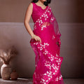Rani Pink Embroidered Net Saree White Floral Sleeveless Designer Blouse