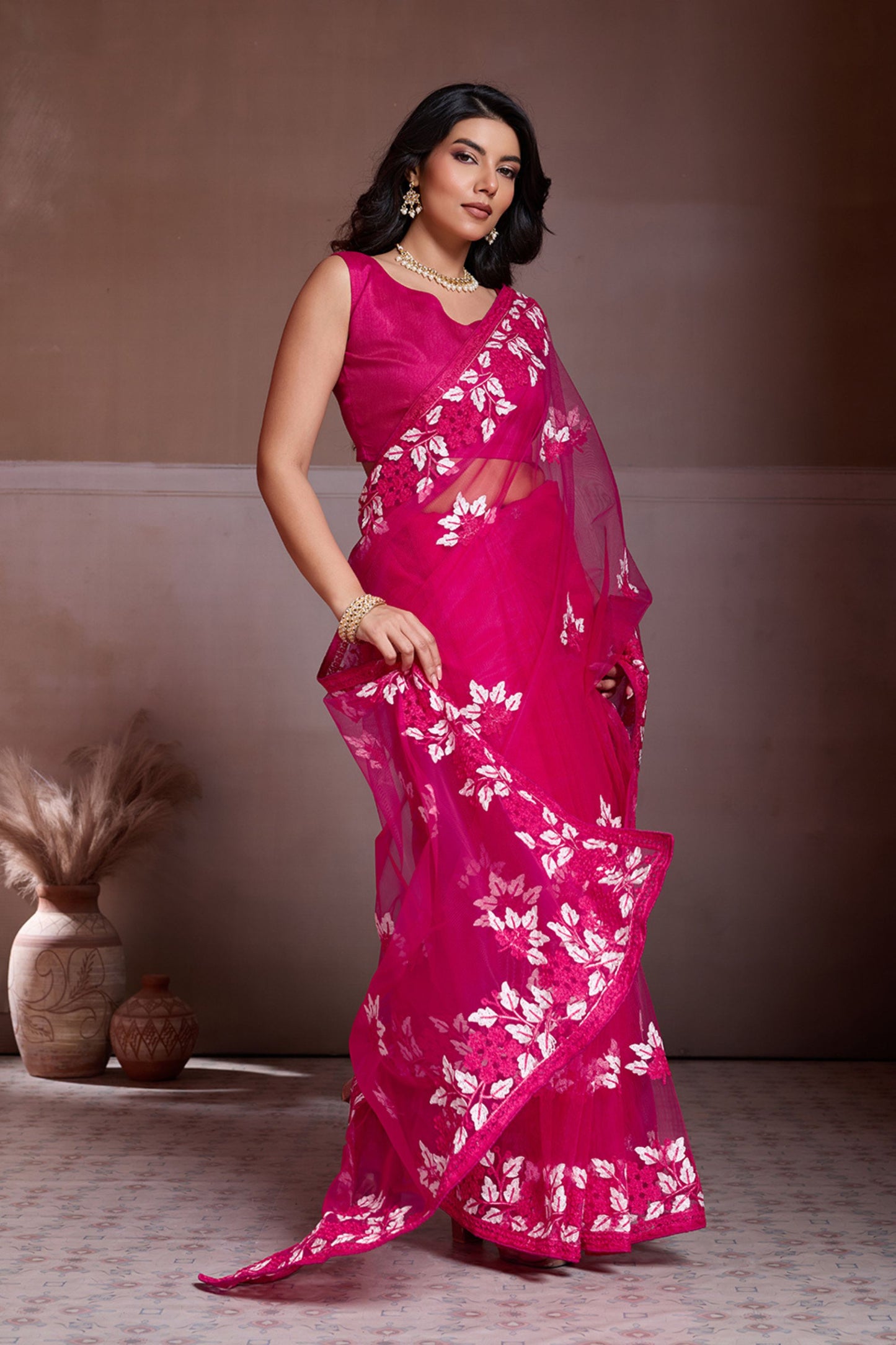 Rani Pink Embroidered Net Saree White Floral Sleeveless Designer Blouse