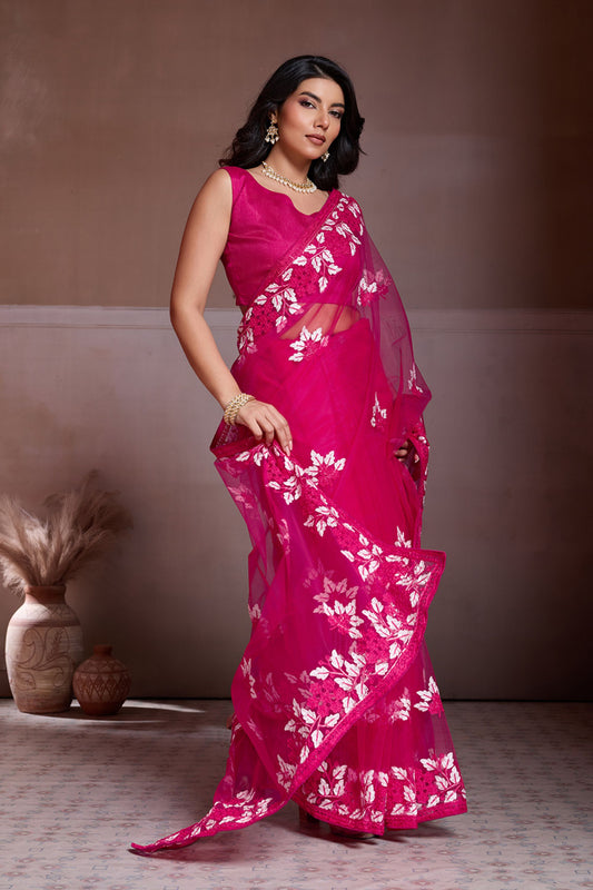 Rani Pink Embroidered Net Saree White Floral Sleeveless Designer Blouse