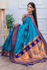 Teal Blue Kanjivaram Silk Saree with Gold Zari Border Butti Work