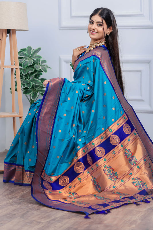 Teal Blue Kanjivaram Silk Saree with Gold Zari Border Butti Work