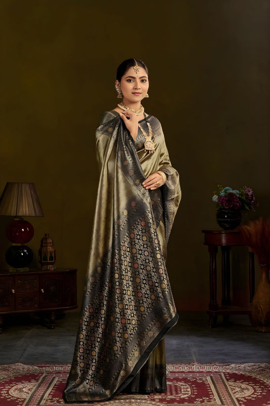 Gold Kanjivaram Silk Saree Black Zari Border Traditional Saree