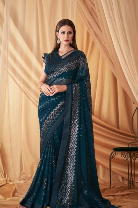 Teal Blue Designer Saree with Silver Elegant Party Wear
