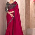Rani Pink Designer Silk Saree Heavy Embroidered Blouse Lace Border