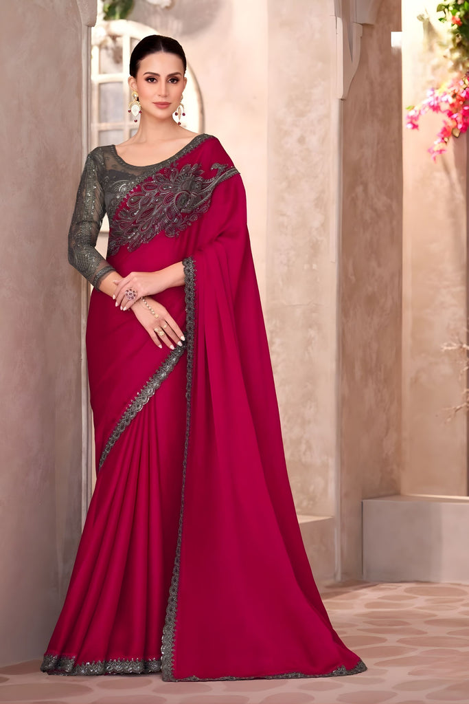Rani Pink Designer Silk Saree Heavy Embroidered Blouse Lace Border
