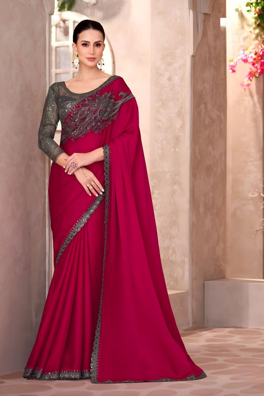 Rani Pink Designer Silk Saree Heavy Embroidered Blouse Lace Border