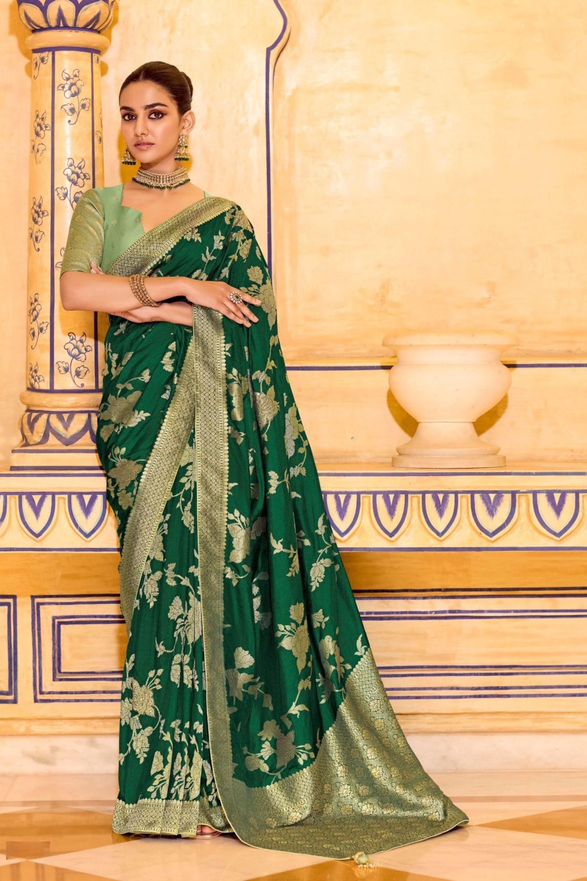 Green Banarasi Silk Saree with Golden Zari Contrast Blouse