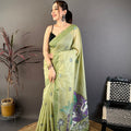 Pistachio Green Linen Cotton Saree Artistic Elephant Print Pallu 