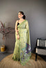 Pistachio Green Linen Cotton Saree Artistic Elephant Print Pallu 
