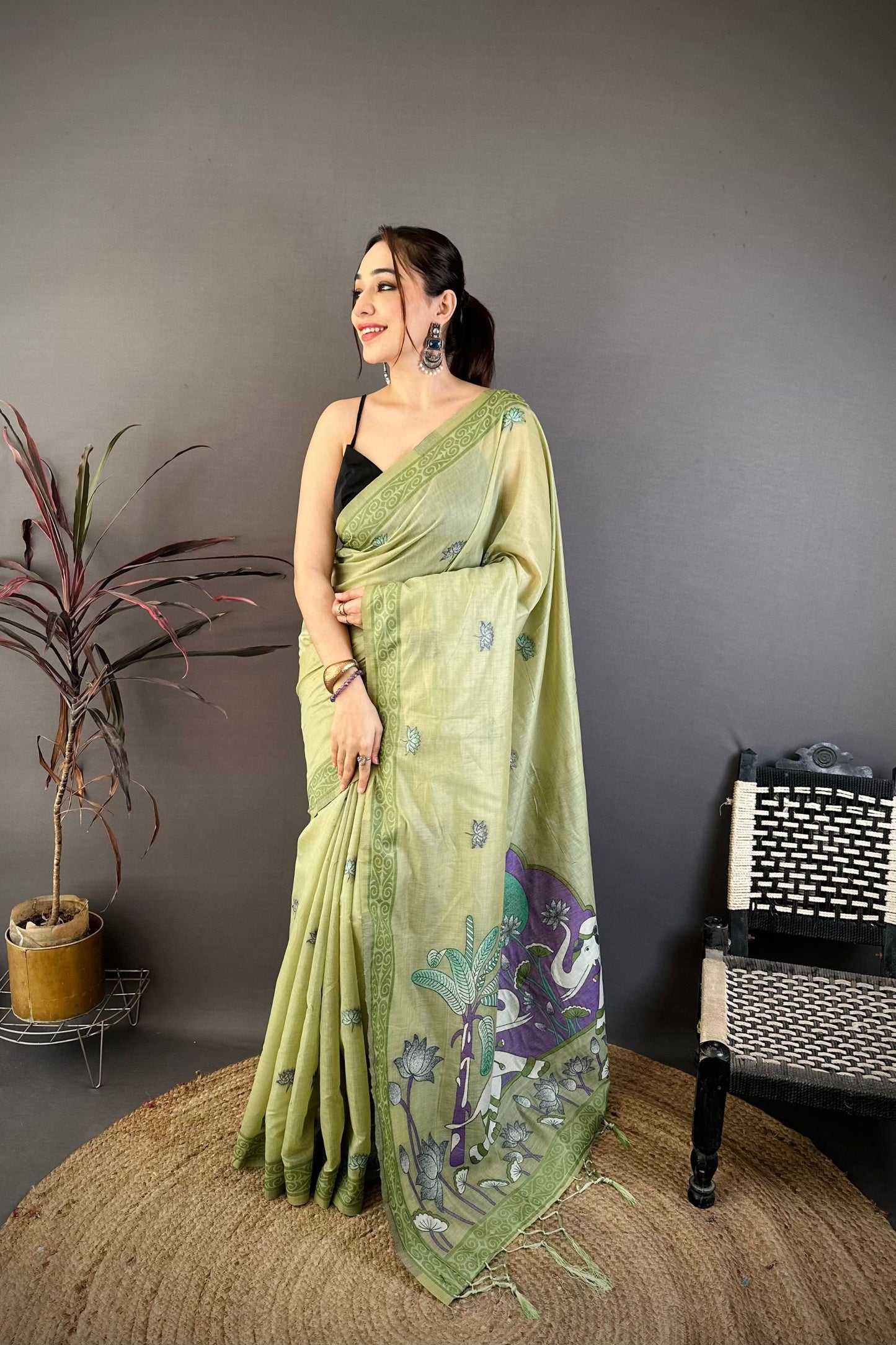 Pistachio Green Linen Cotton Saree Artistic Elephant Print Pallu 