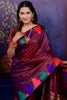 Wine Banarasi Silk Saree with Zari Woven Pallu Multicolor Ikat Design