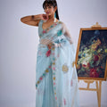 Designer Sky Blue Organza Saree with Floral Embroidery Party Saree
