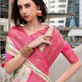 Cream And Pink Patola Print Saree with Intricate Border Festive Wear