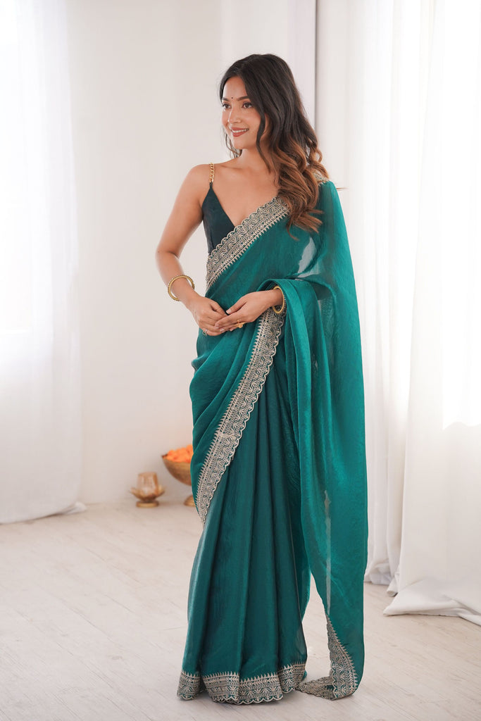 Teal Green Organza Saree with Designer Embroidered Border 