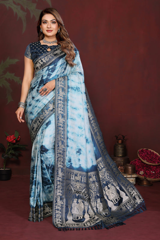 Sky Blue Navy Blue Tie-Dye Silk Saree with Silver Woven Border