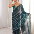Teal Blue Organza Silk Saree Golden Zari Embroidery Designer Blouse
