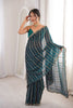 Teal Blue Organza Silk Saree Golden Zari Embroidery Designer Blouse